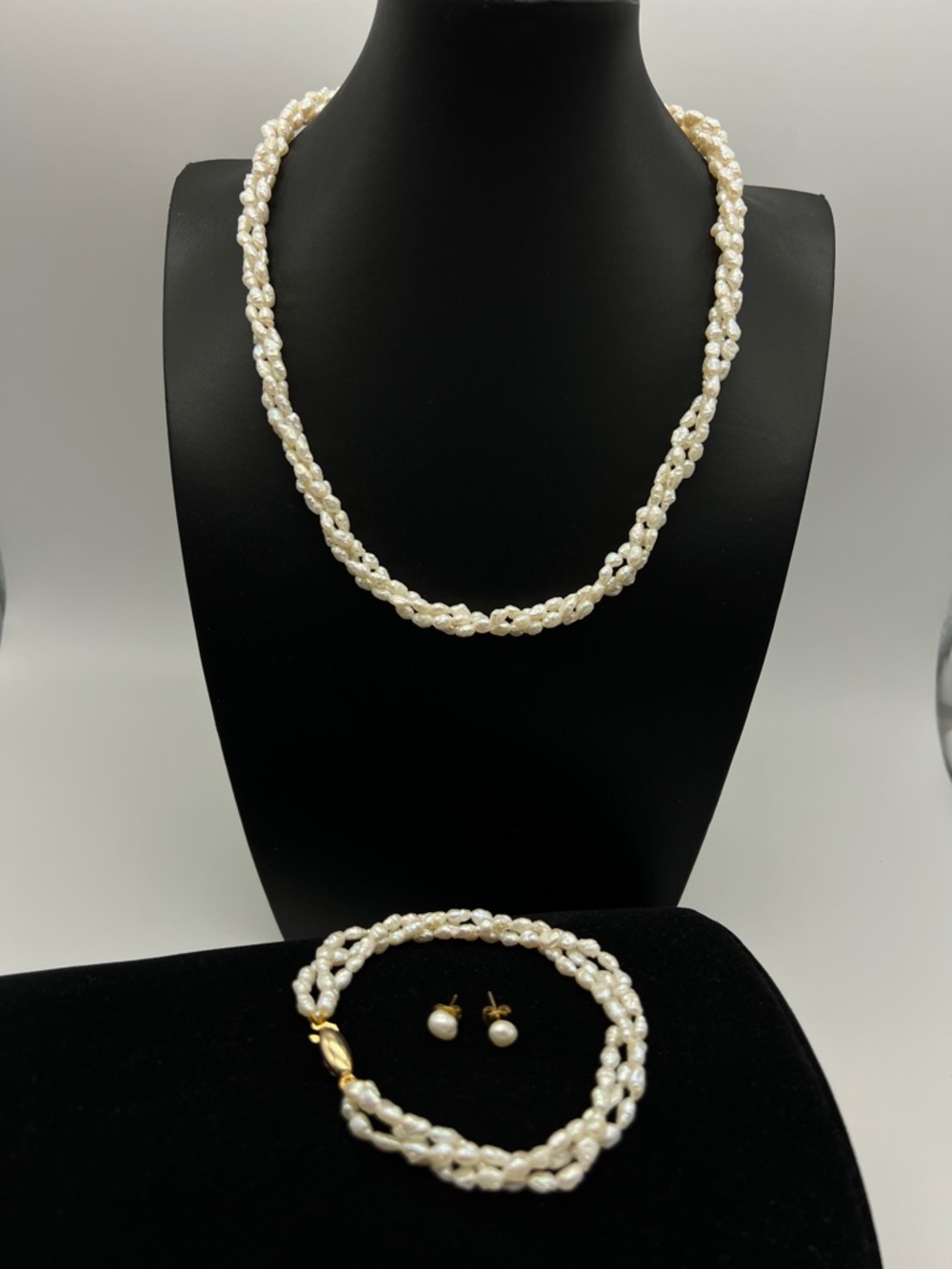 VINTAGE Pearl Set • Triple Strand Necklace Bracelet Stud Earrings